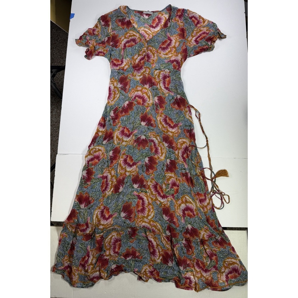 Nile Floral Maxi Dress Women's M Boho Cottagecore Tie Waist Short Sleeve